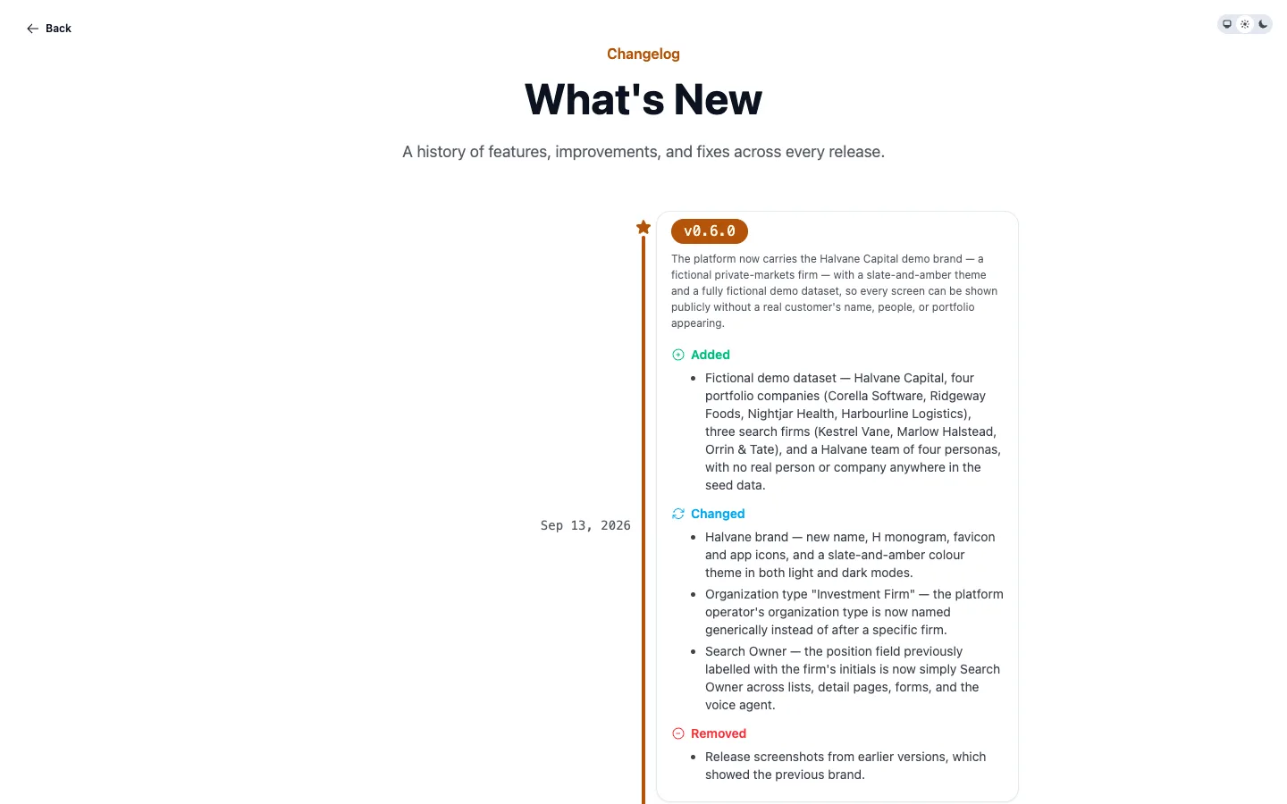 The what's new page inside the application shows release v0.6.0, with its changes grouped into added, changed and removed