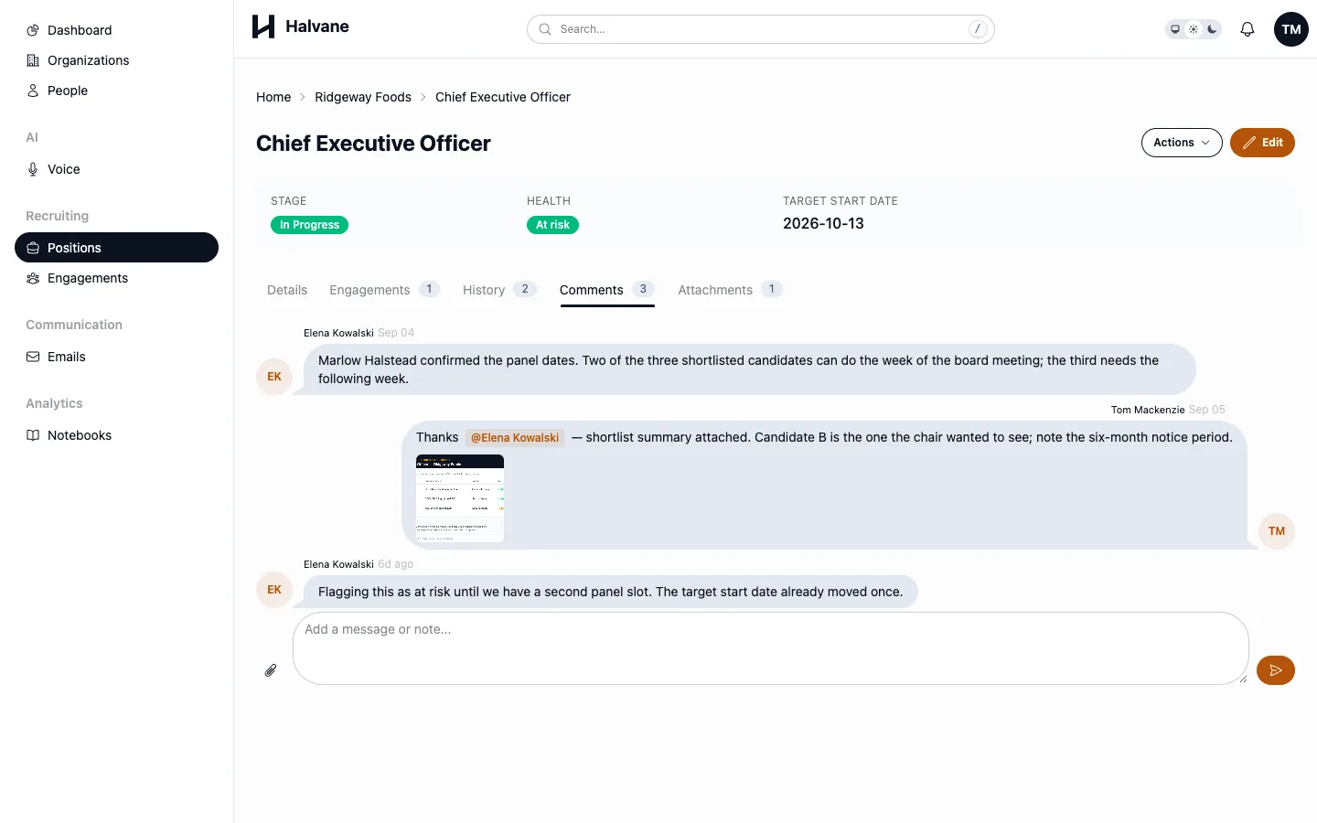 A comments tab that shows a conversation between two people with an attached image