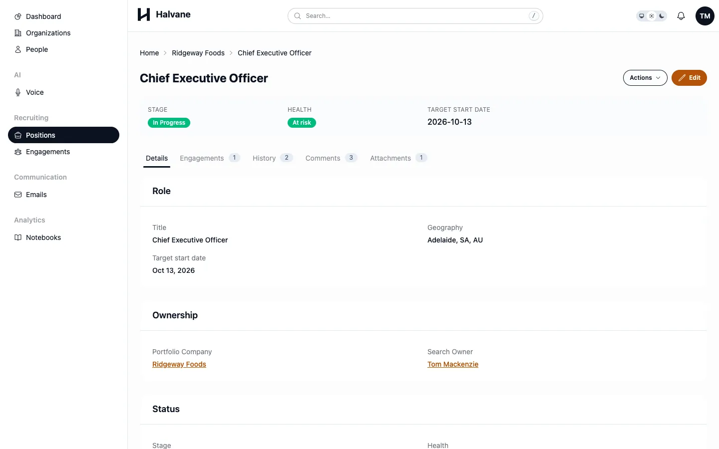 A position record page with highlight fields and five tabs, each with a count