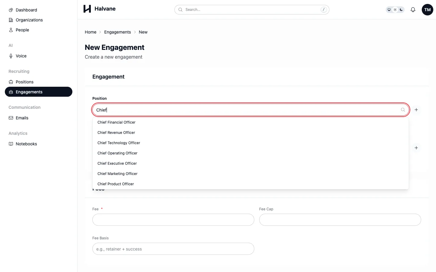 A new engagement form with a typeahead lookup open on the position field, an inline create button and a required fee field