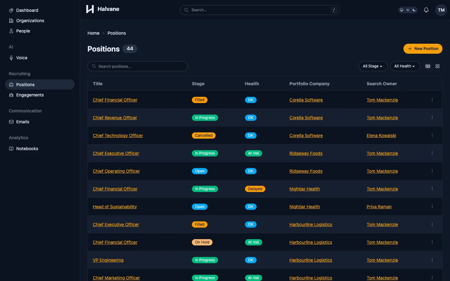 The positions list rendered in the dark theme