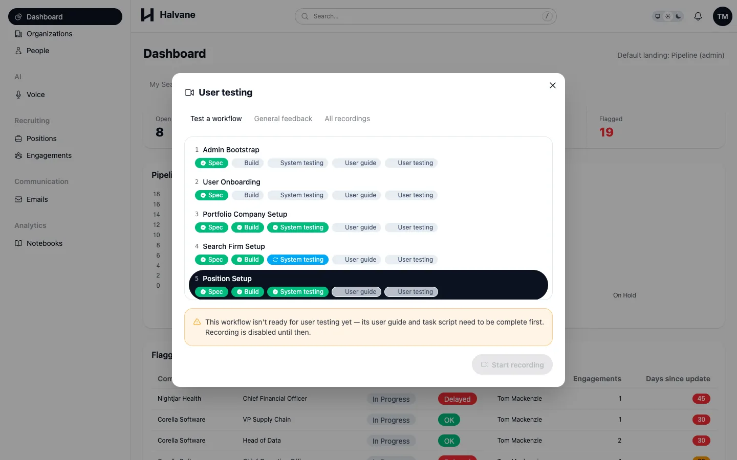 The user testing panel, with the Position Setup workflow selected, its five gates, and a notice that recording stays disabled until the user guide is done